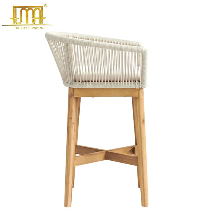 Patio Furniture Teak Wood Leg Rope Outdoor Bar Stools With Arm