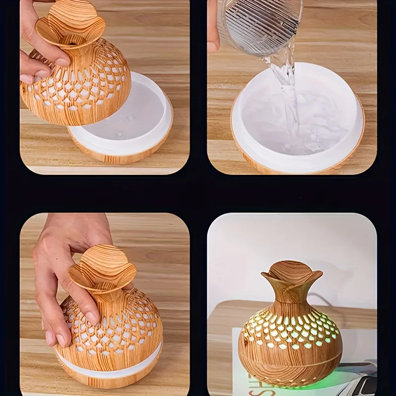 300ML Flower Vase USB Air Humidifier Color Lights Ultrasonic  Wood Grain Essential Oil Atomizer Aroma Air Freshener Humidifier