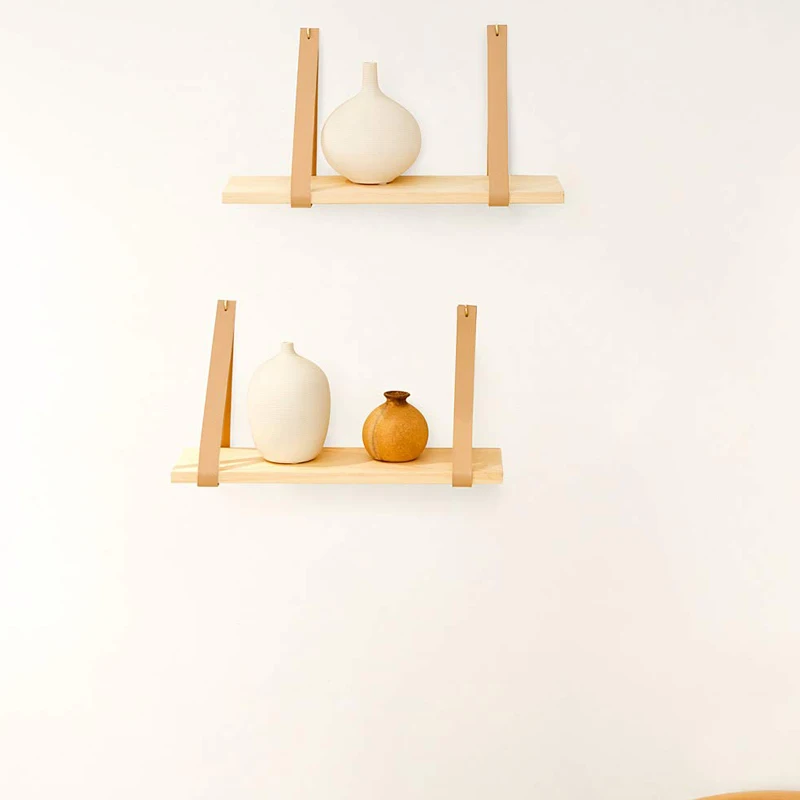 Leather Strap Swing Organizer Wall Wood Floating Storage Shelves