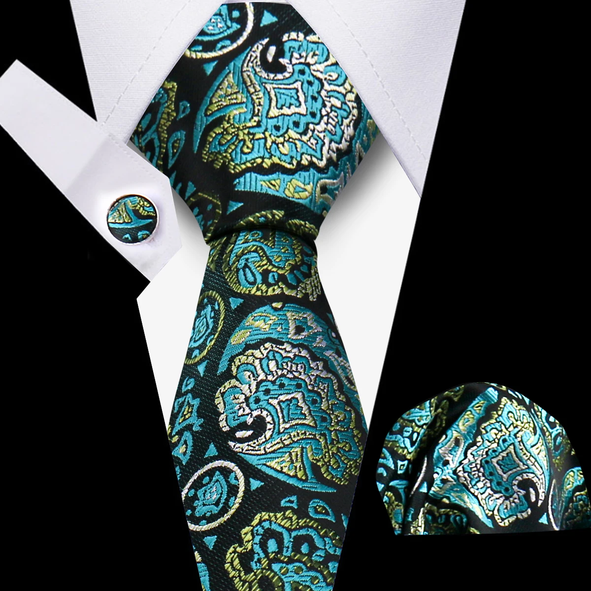 Necktie Set Fashion Blue Tie Pocket Square With Cufflinks Gift Sets Silk Ties For Men Paisley Necktie Hankies For Man Wedding