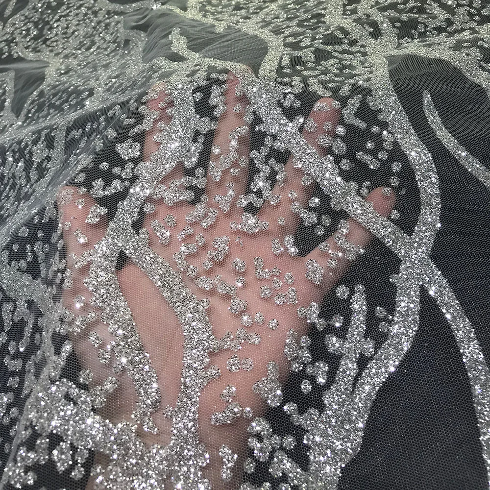 High Quality Glitter Lace Polyester Transparent Mesh Shining African Party Dress Luxury Sequin Tulle Fabric 5 Yards