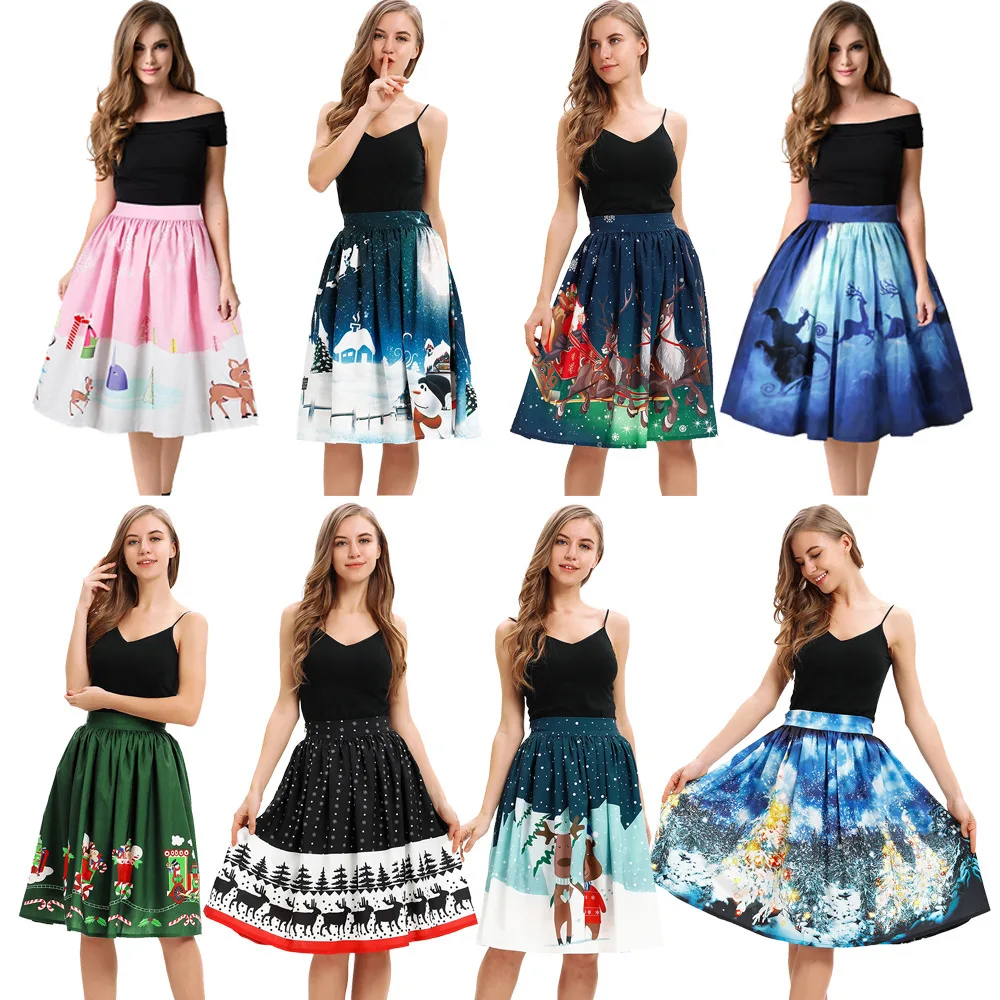Пластиковое Сырье Рождественский олень цифровая печать Женская длинная пушистая юбка модное платье осень newPC