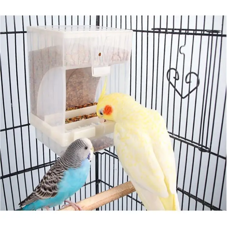 Qbellpet New Arrivals Plastic Acrylic Hanging Seed Cage Budgies Birds Food Automatic Parrot Feeder Macaw With Stand Accessories