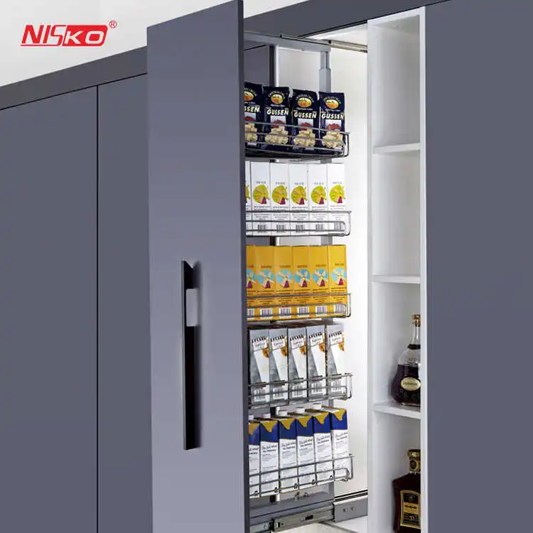 Kitchen cabinet tall units with pull out storage baskets