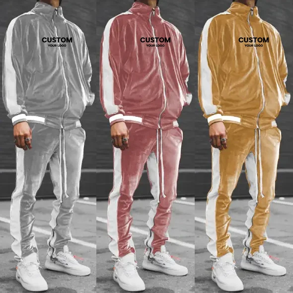 Winter Plain Blank Track Suit Navy Sportswear Custom Logo Warm Up Sale Velvet Jogging Polyester Velour Tracksuit For Men