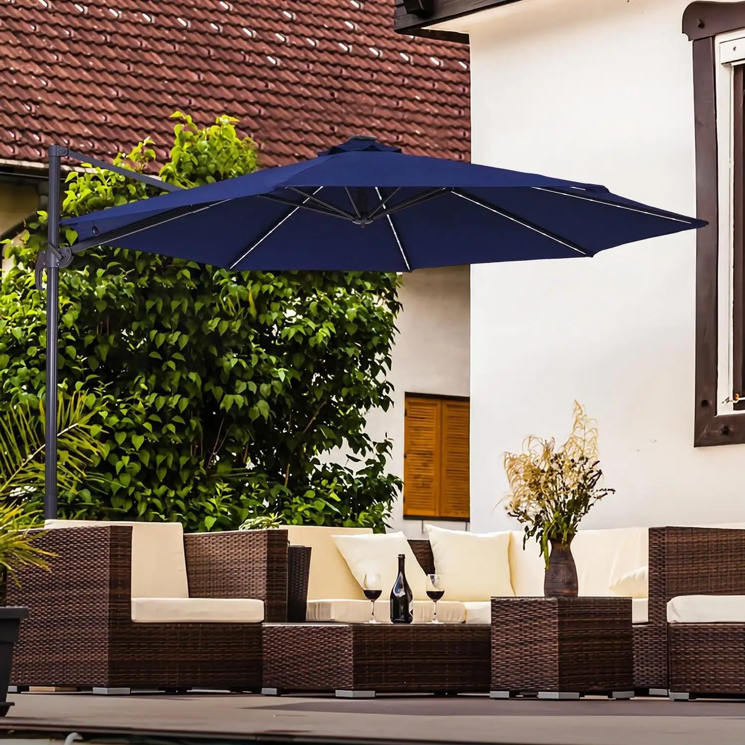 Высококачественный офсетный зонт для патио, подвесной светодиодный наружный офсетный зонт, Солнечный светодиодный консольный зонт для патио