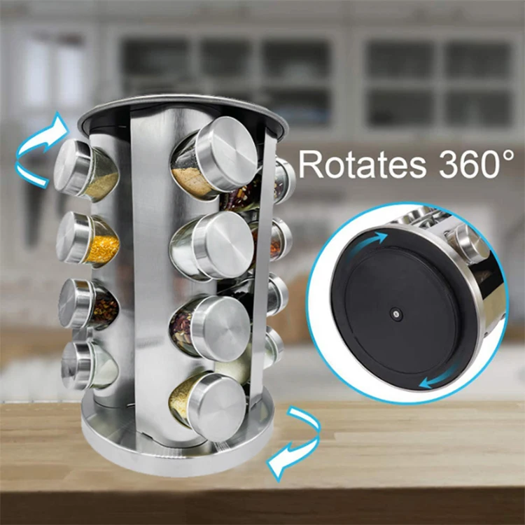 Popular stainless steel set 16 seasoning bottles rack with rotating rack spice rack rotatable Glass Jars