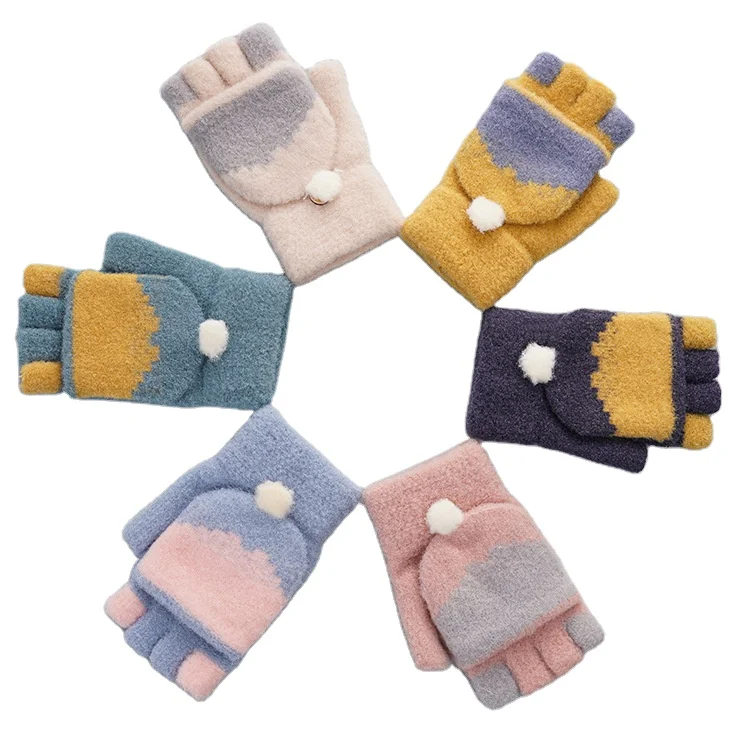 Warm Gloves In Autumn And Winter Student Half Finger Winter Gloves Knitted Open Finger Flip Mittens