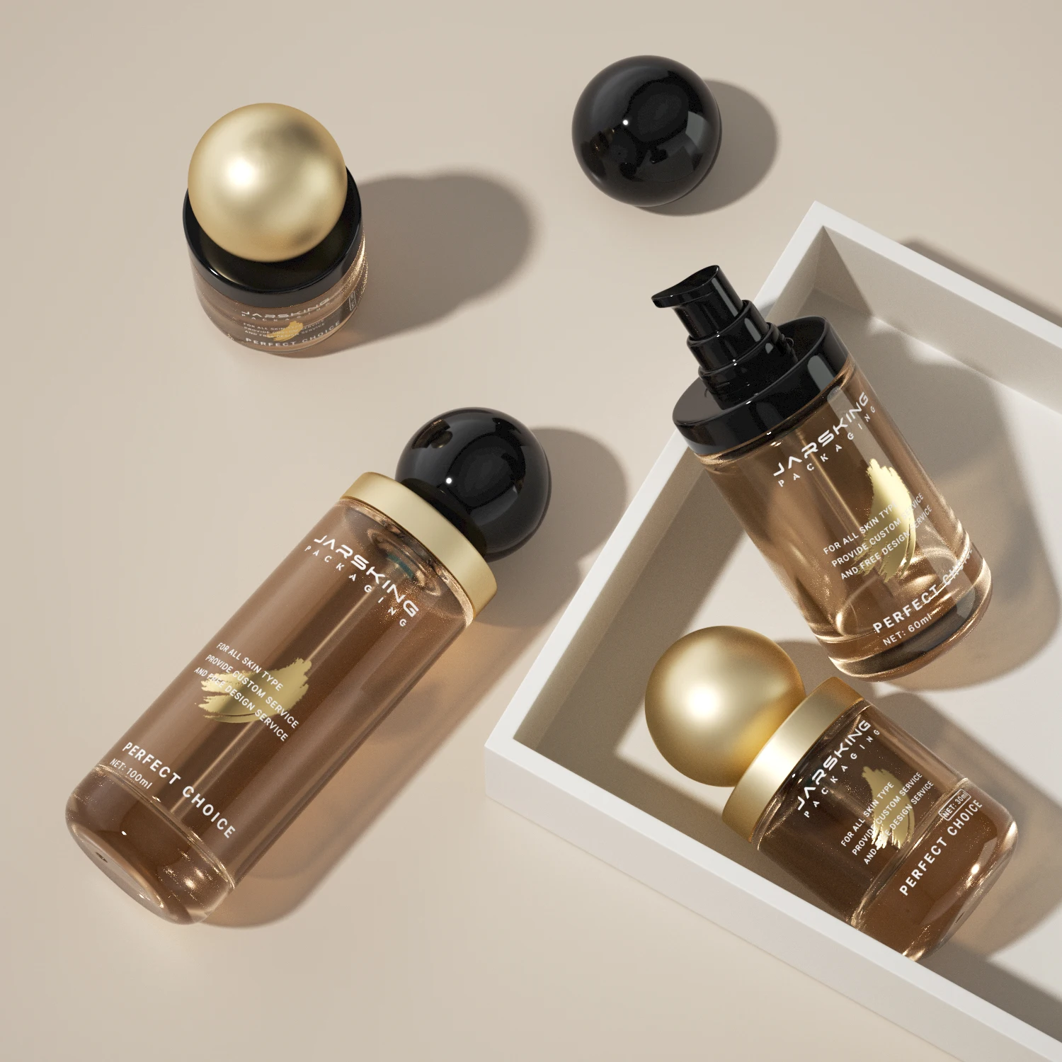 luxury amber glass cosmetic packaging 20 30 60 100ml lotion serum pump bottle with gold round cover