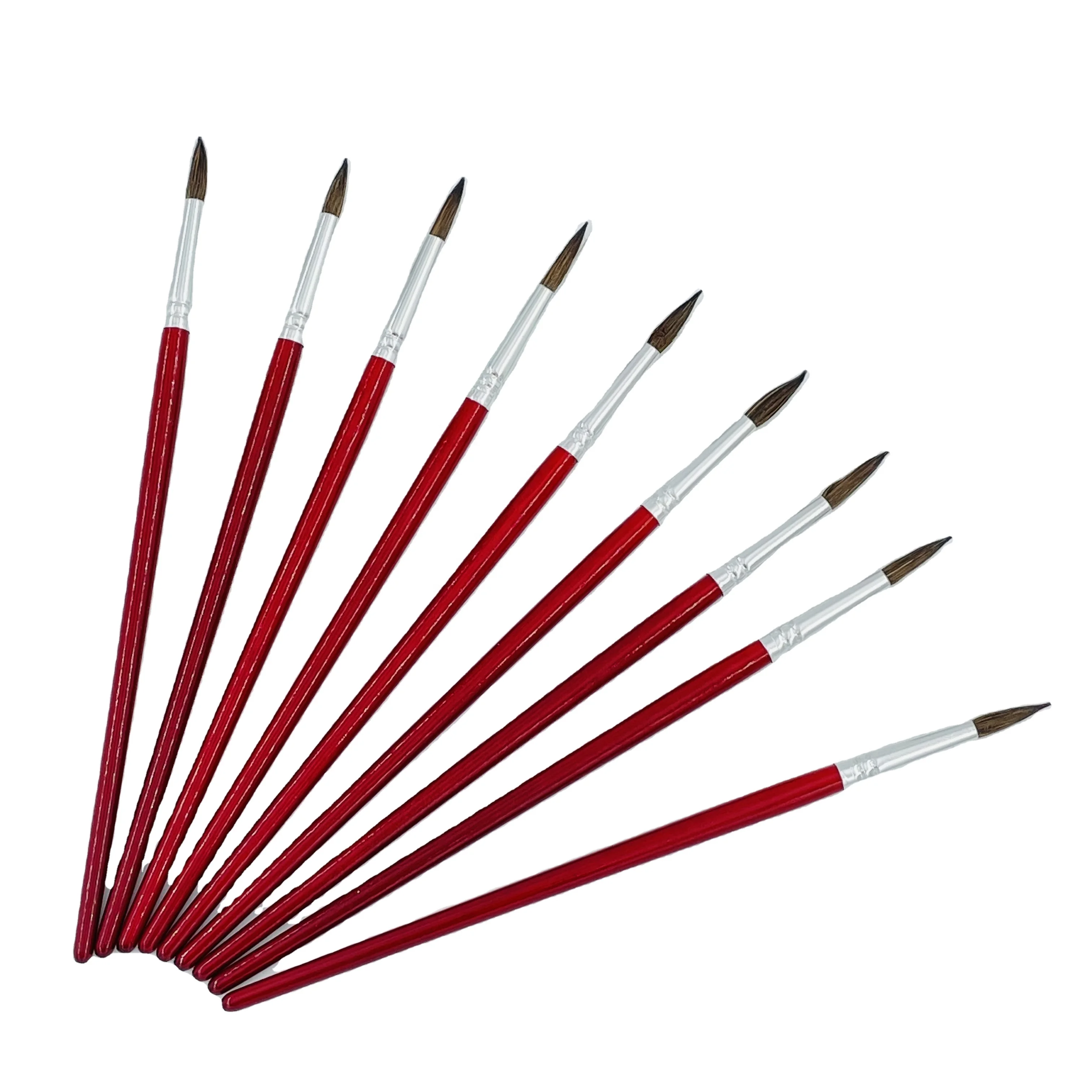 9pcs high quality pony hair aluminum tube dark red color wooden handle artist paint brush set for watercolor paint brush set