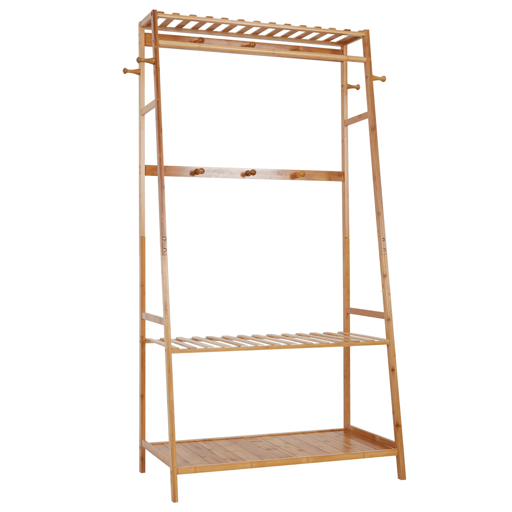 Bamboo Garment Storage Rack Shoes Coats Shelf Clothes Hanging Stand with 10 Hooks