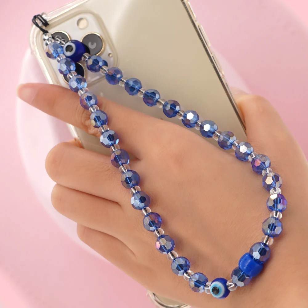 Go2Boho Phone Case Chain Strap Mobile Lanyard Charm Evil Eyes Chain Transparent Blue Color Crystal Beaded Telephone Jewelry
