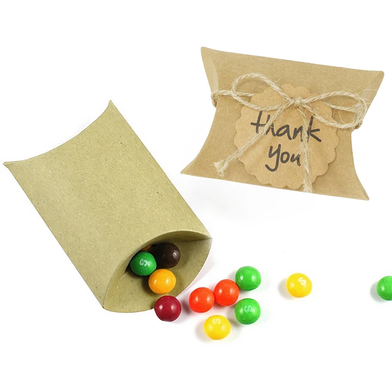 
Vlovelife Pillow Shaped Wedding Candy Boxes with Tags Kraft Paper Pillow Gift Box For Wedding Birthday Party Favor Box 