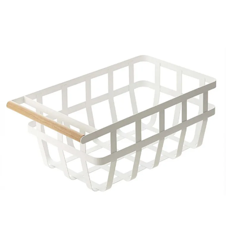 2021 New Product Rectangular Household Organizer Basket Steel Metal Iron Storage Basket with wooden Handle