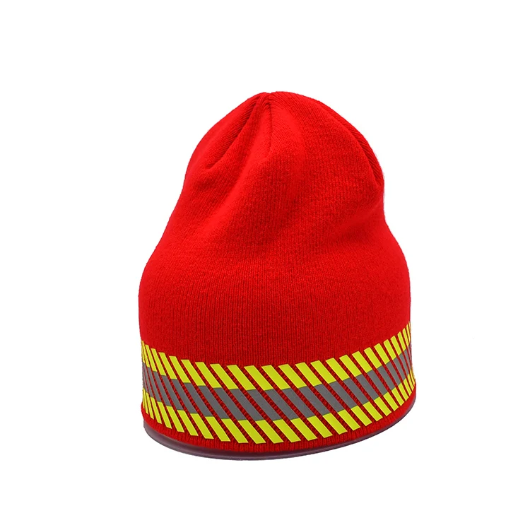 Wholesale Custom Reflective Striped Thinsulate Lined High Visibility Fluorescent Safety Knit Red Beanie Hat Cap