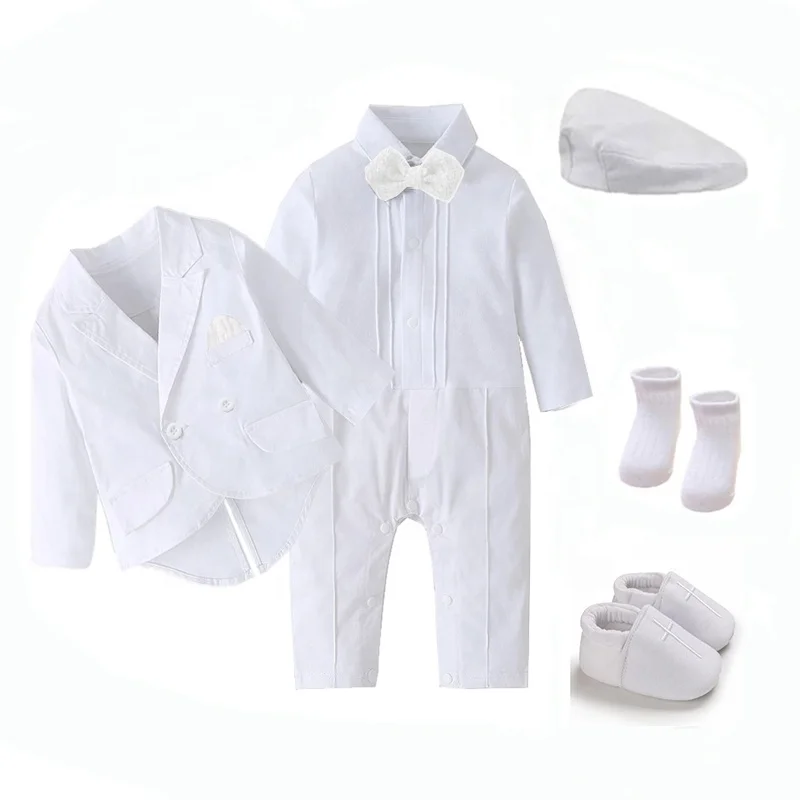 Long Sleeve White Ceremony Suit 0 to 18 Months Baby Christening Set Bowtie Jumpsuit Hat Socks Shoes Toddler Boy Baptism Clothes