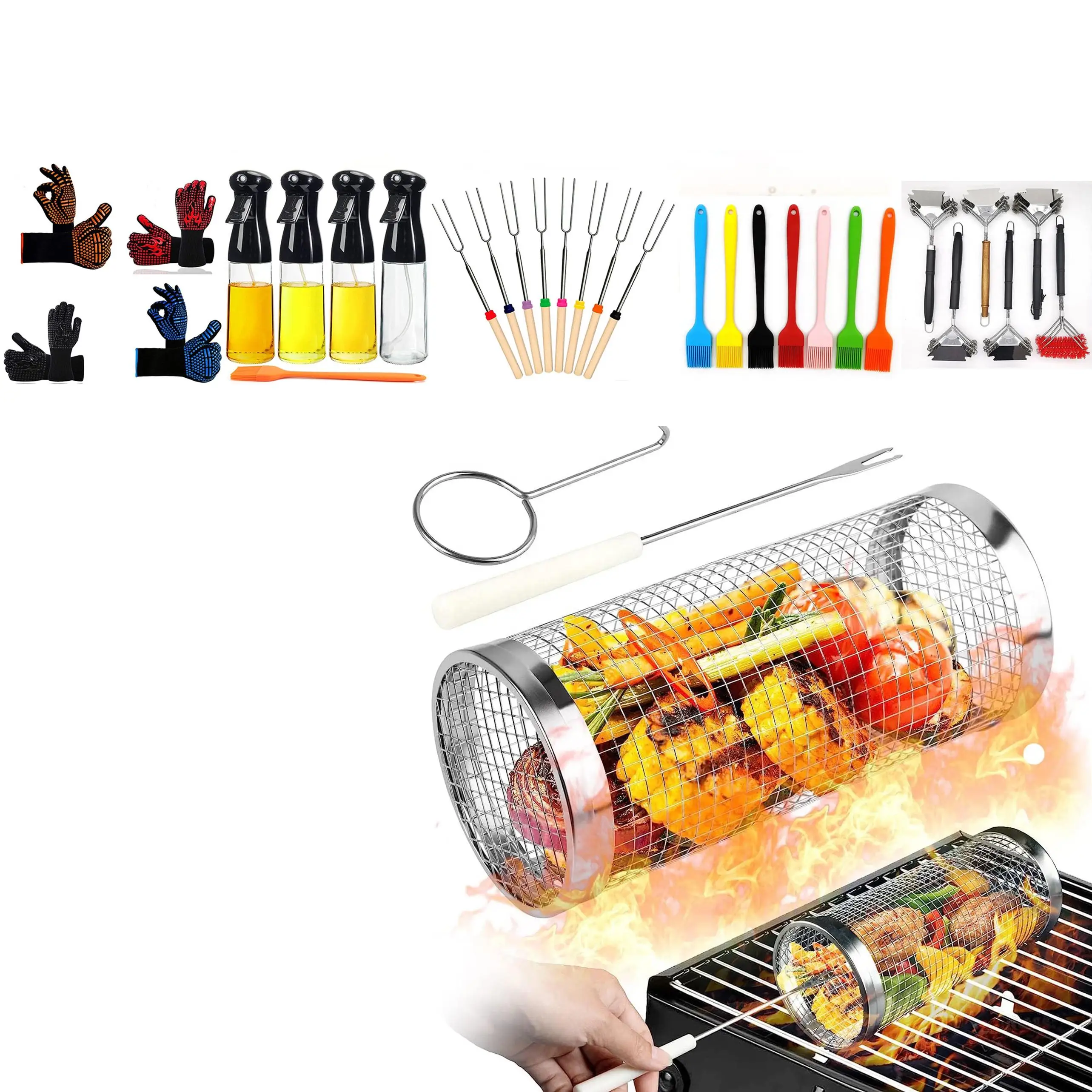 EC 1935/2004 2024 New Portable Outdoor Grilling Bbq Round Net Tube Cylinder 304 Stainless Steel Bbq Rolling Grilling Basket