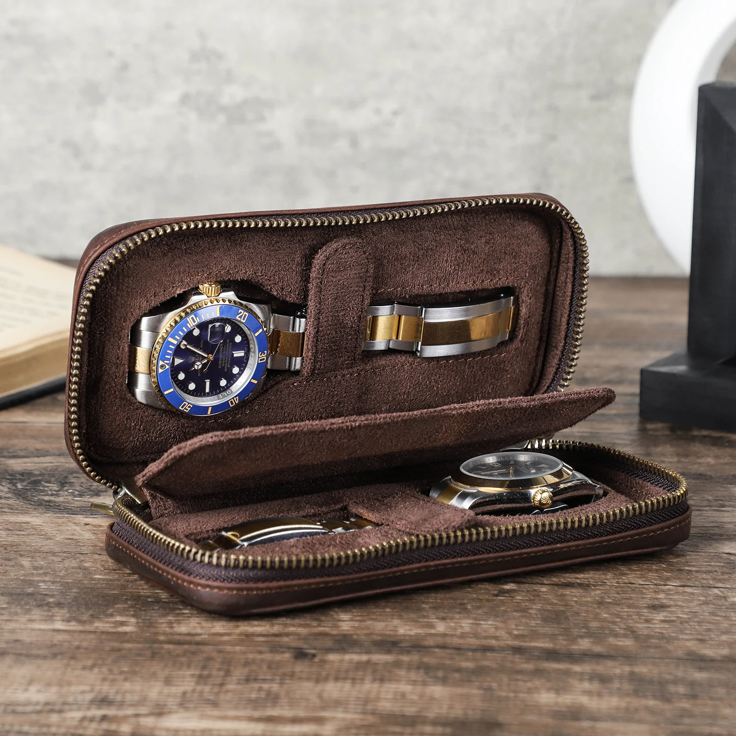 2 Slot Custom Leather Watch Case Portable Watch Travel Case Real Leather Luxury Handmade Watch Box Carrying Holder Coffee CF1196