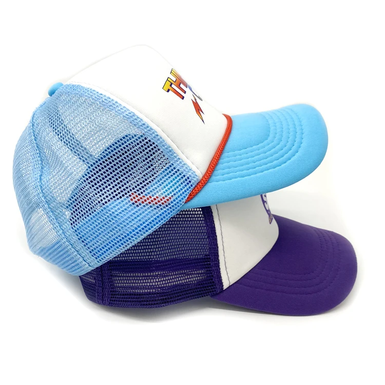 High quality Comfortable New Design 5-Panel Trucker Hats Custom  printing Logo Foam Trucker Hats blue and purple Mesh Caps