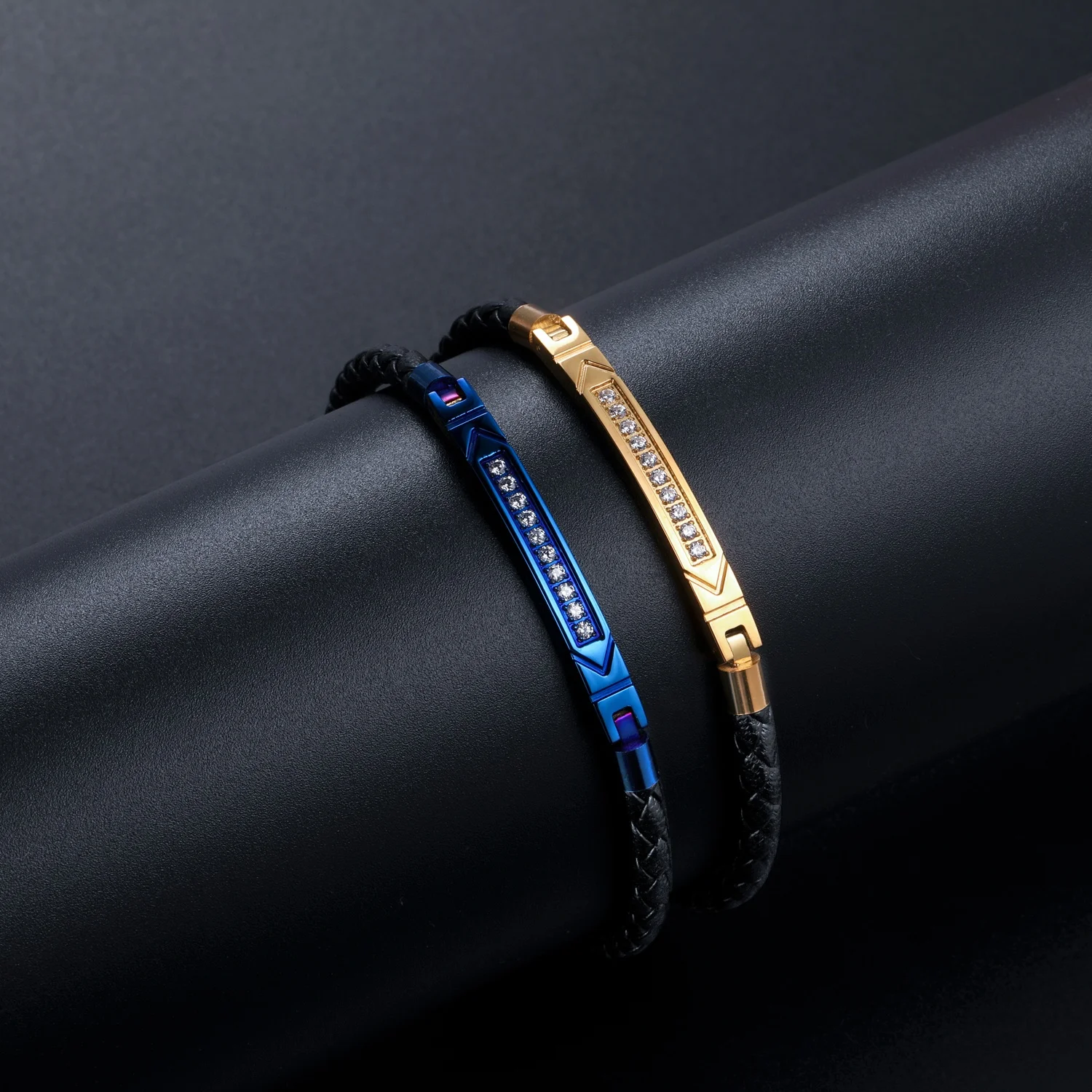 Fashion Jewelry Bracelets Gold Plated Zircon Stainless Steel Custom Mens Leather Bracelet