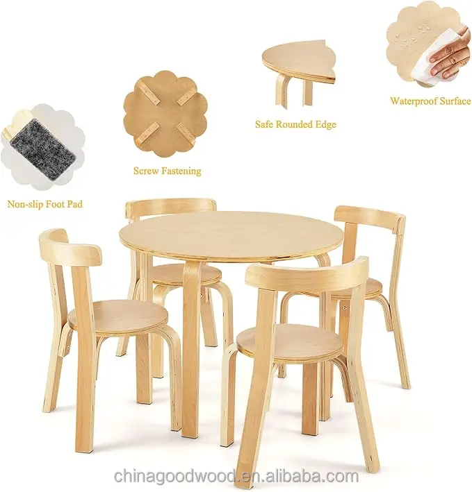 Modern minimalist birch plywood Kids learning round table and chair set for multiple function