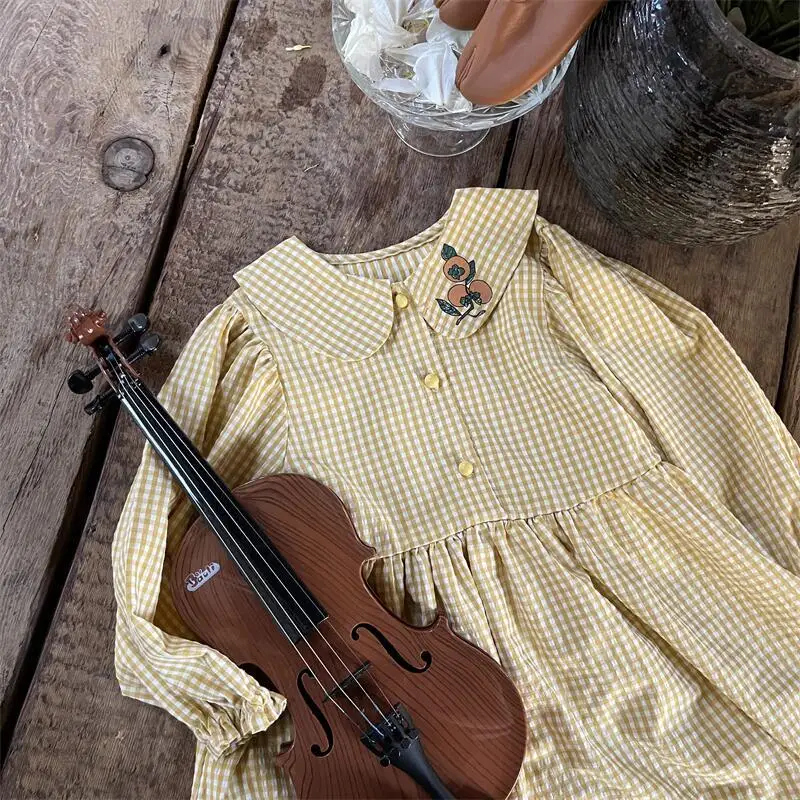 Retro Style Kids Dresses For Toddler Girls Long Sleeve Costume Cute Collar Cotton Clothes Plaid  Dress for Kids