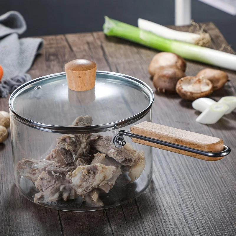 Transparent borosilicate pyrex glass cooking pot glass soup pots with wooden handle