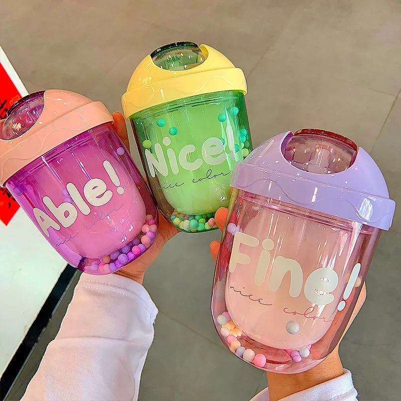 300ml 2021 New Summer Creative Cute Strap Popsicle Ice Cream Plastic Water Bottle For Kids Student Portable Straw Cup