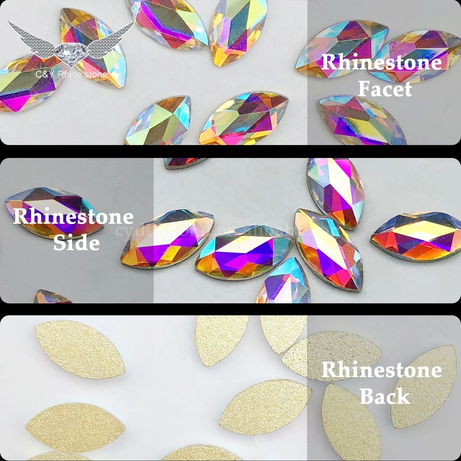C&Y Horse Eye Mermaid Austrian Crystal AB Colorful Flat Back Non Hot Fix Bling Stone Shape Rhinestone