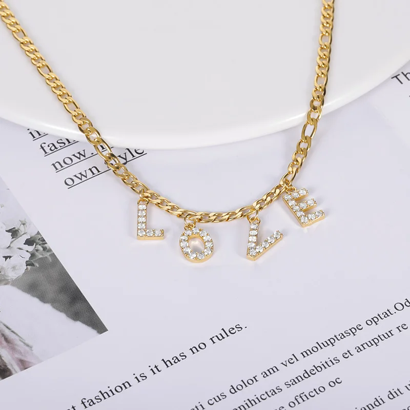 Fashion Gold Plated Stainless Steel Exquisite Diamond 26 Letter Initial Pendant Name Custom Necklace Personalized Jewelry Gift