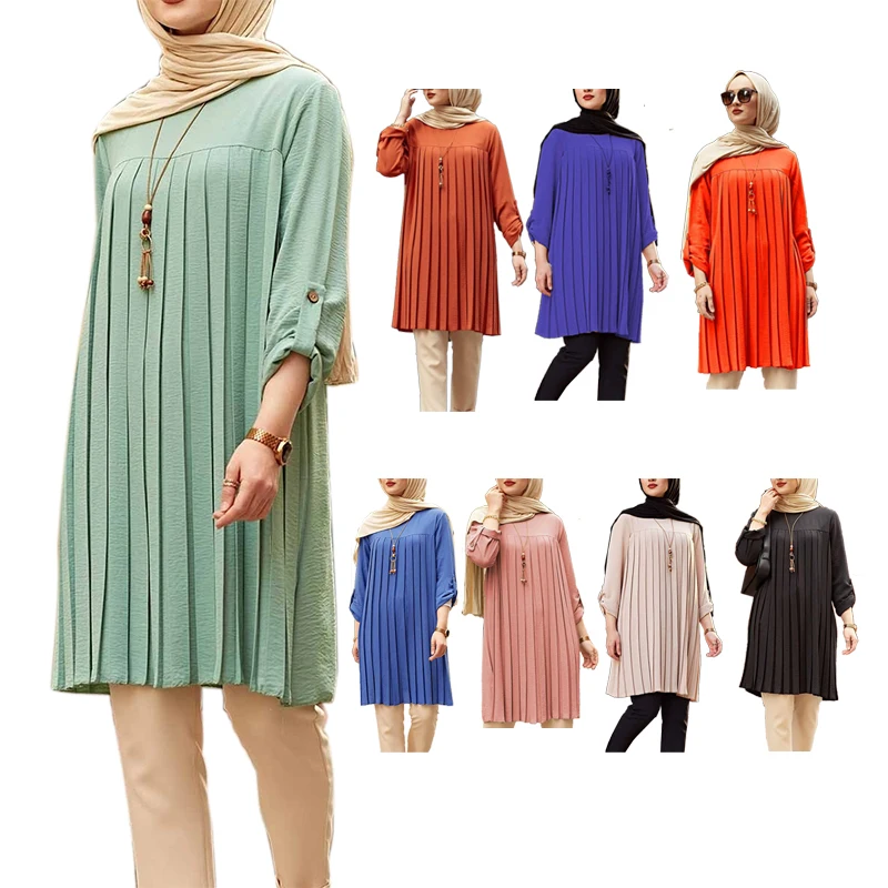Factory wholesale blouse muslimah muslim blouses women dubai turkey long sleeve pleated solid shirt tops