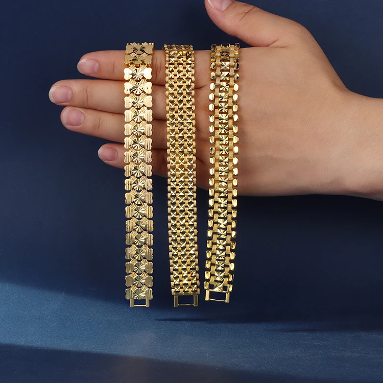 Haosen Luxury Designs Jewelry Vietnam Sand Wide 24k Dubai Gold Plated Tennis Bracelet with Popular Pattern for Gift