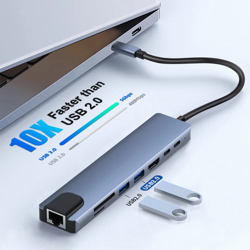 Custom Oem Type C Aluminium Compatible Tf Sd Card Reader Ethernet Port Pd Usb 3.0 Port Type C To Usb Hub With Rj45