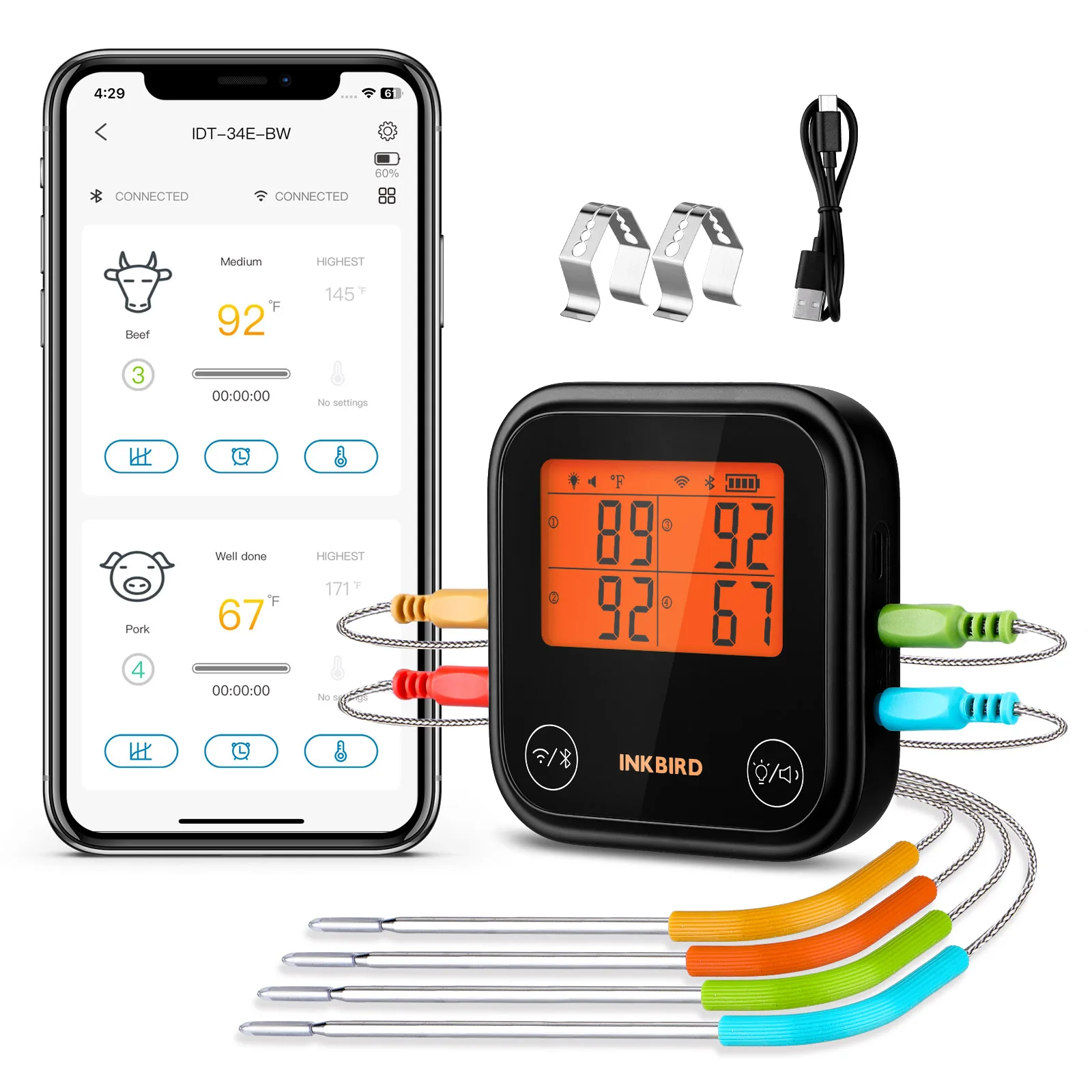 INKBIRD IDT-34E-BW Wireless BLE and WiFi Thermometer Wireless Meat Thermometer Barbecue Food Thermometer BBQ Oven Grill Smoker