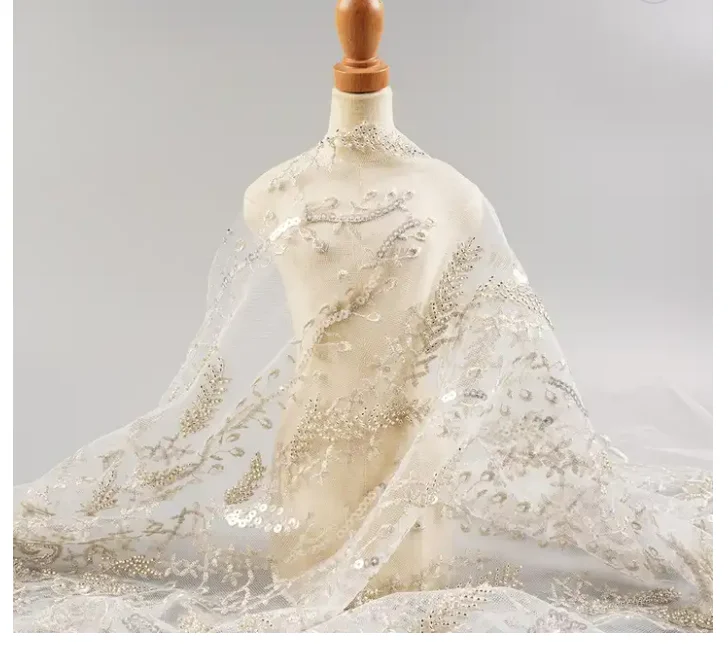 Good Quality African Floral Design White  Tulle Lace Fabric luxury Mesh Elegant Wedding Dress Crystal Lace Fabric