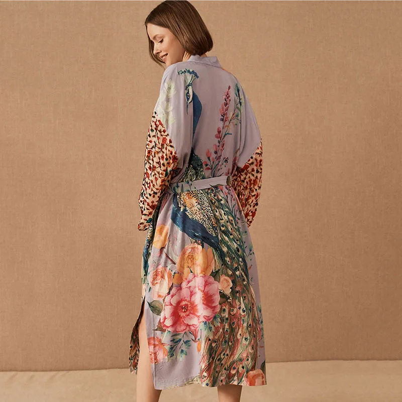 Custom beach dress cover ups for women Peacock pattern print robe de plage summer Sexy loose cardigan kimono bikinis swimwear