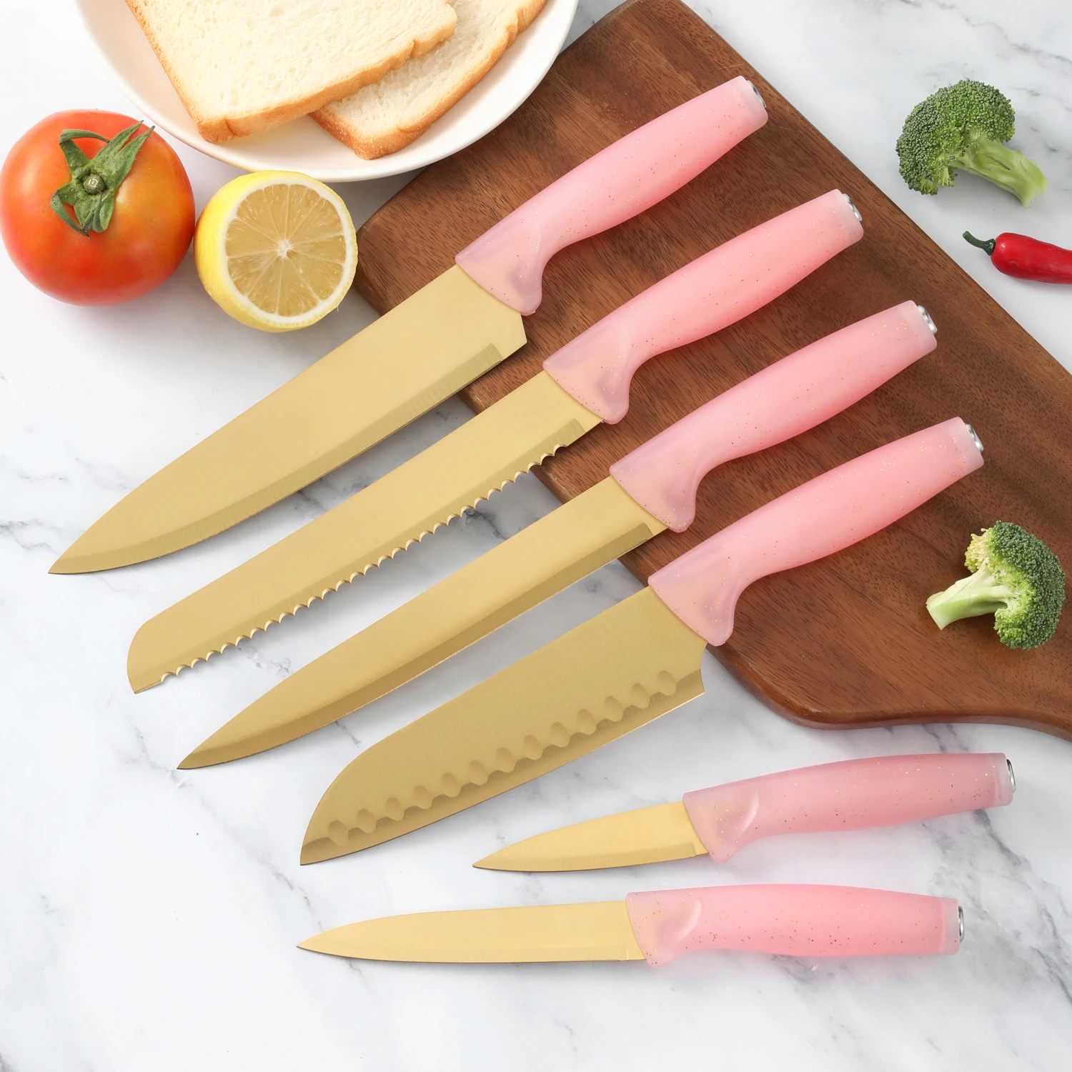 Top Selling Safety Food Grade Stainless Steel Golden Home Cooking Kitchen Knife With Pink Handle