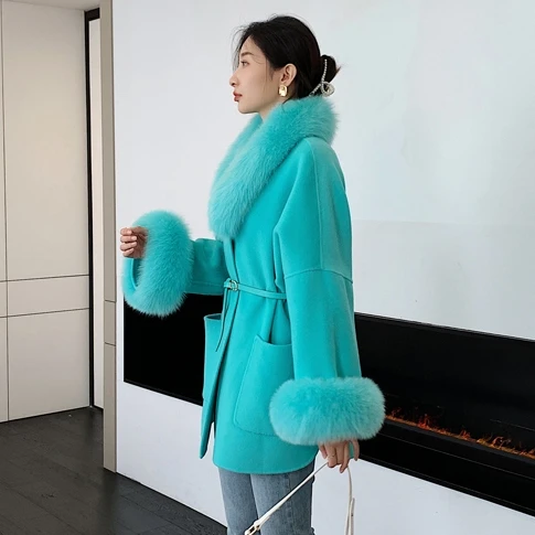 Winter Cashmere Fur Coat Plus Size Wool Coats for Women Real Fox Fur Collar Belt Fluffy Jacket