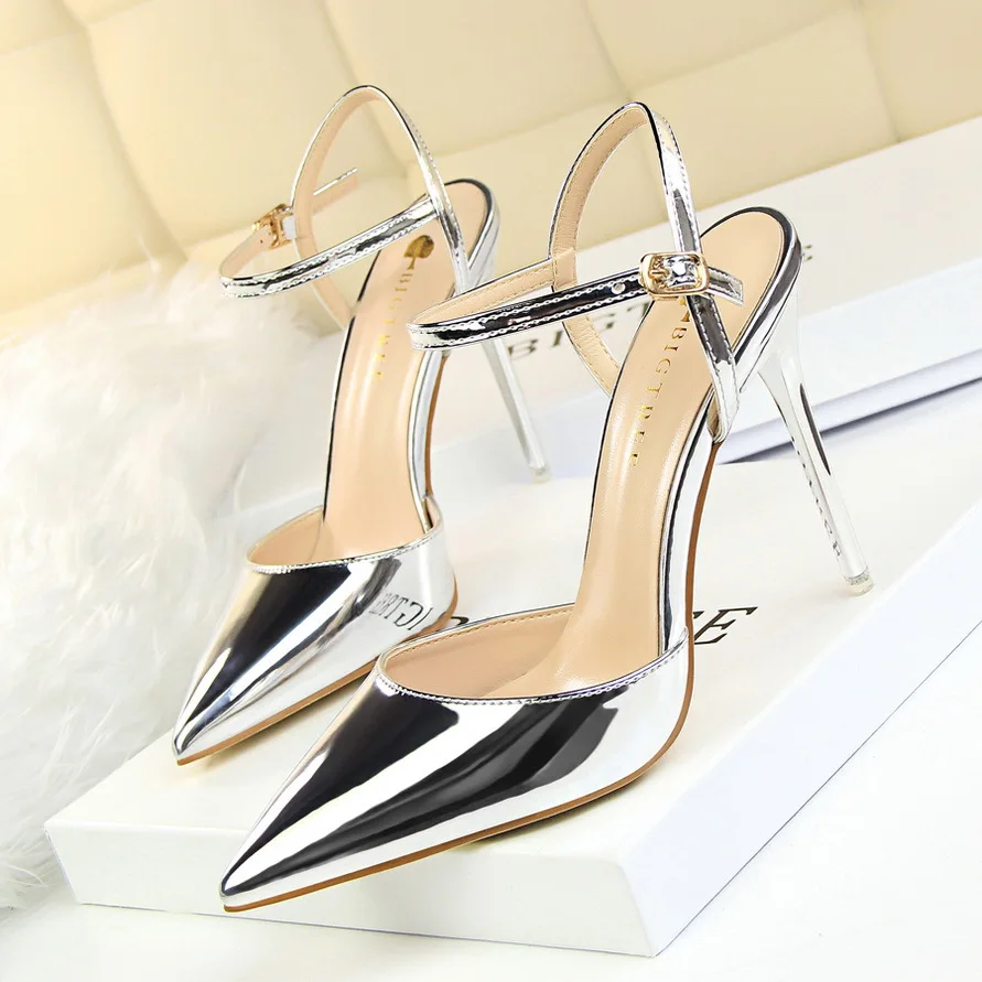 Sliver European and American Style Simple Stiletto High Heel Shallow Cut Leather For Sexy Nightclub Slim Female Heels For Ladies