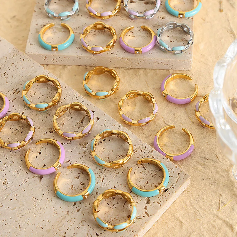 Gold Plated Colorful Enamel Ring Dainty Enamel Jewelry Stainless Steel Waterproof Open Zircon Enamel Rings Set for Women