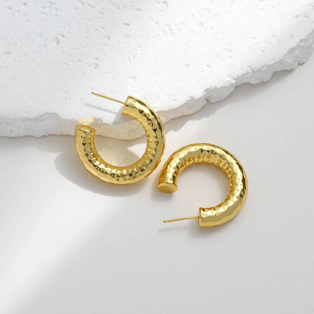 Custom Fahion Women jewelry 2024 14k Gold Plated Hammered Brass Earring Textured Hoop Earring