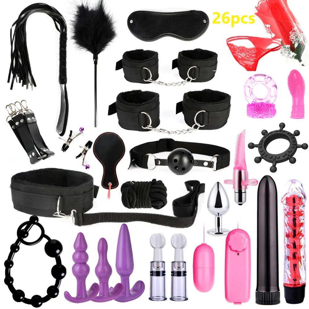 
26 PCS Bondage Gear Restraints SM Game Suit Sex Handcuffs Whip Mouth Gag Sexy Lingerie Toys Set 