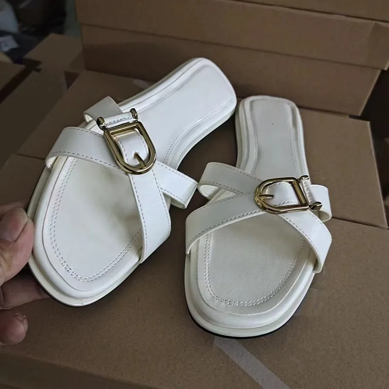 Summer Female Flat Cross-strap Versatile Square-toe Slippers Open-toe Flip-flops Flat Sandals Women Lazy SlidesTraveling Shoe