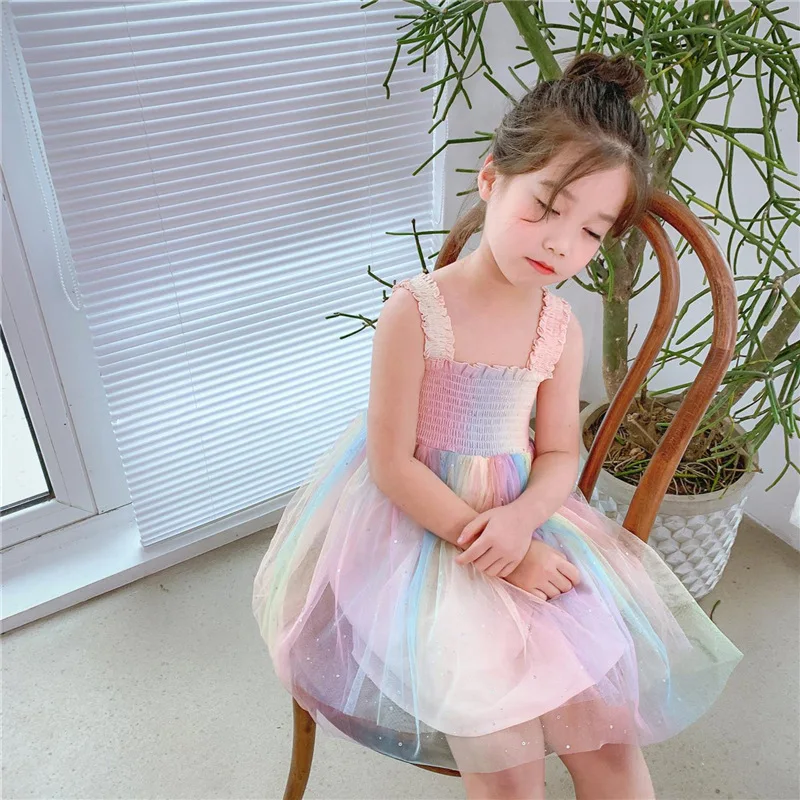 2022 Summer Princess Children Clothing Rainbow Tie-Dye Printed Strapless Lace Tutu Kids Sundress Girls Dress
