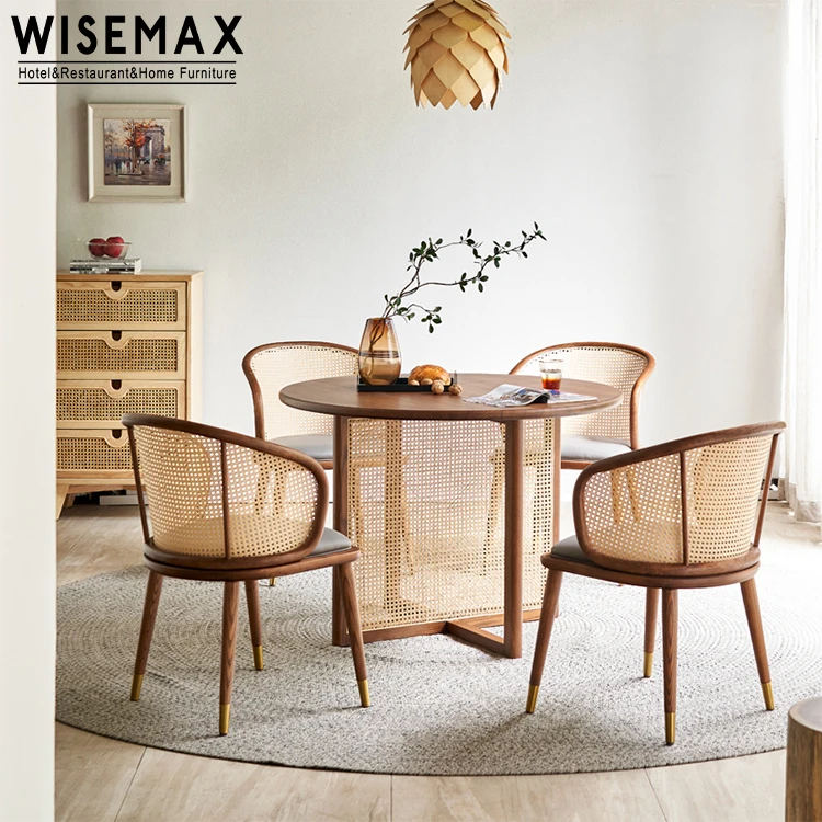 WISEMAX FURNITURE Wholesale dining room furniture solid wood frame rattan curved backrest dining chair