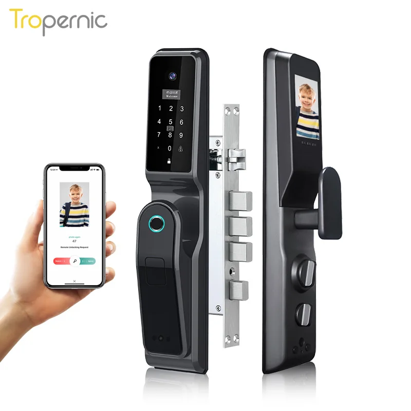 Security Automatic Wireless Password Card Tuya App Smart Fingerprint Door Lock With Cats Eye Camera