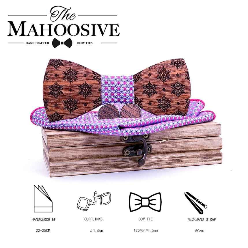 Christmas snowflake Wooden Bow tie Handkerchief Cufflinks Sets for Mens Wood Bowtie Purple Bow Tie Bowknots Cravat wood box