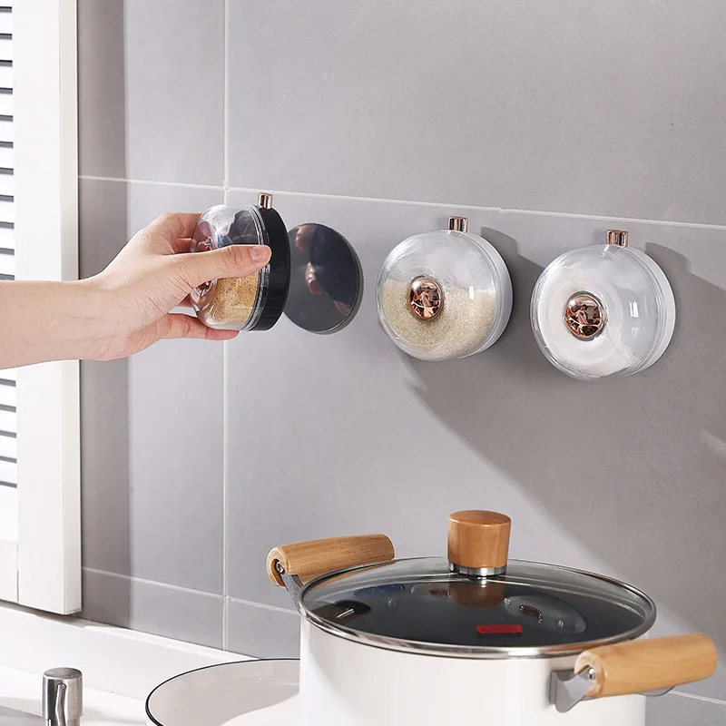 Magnets Wall-mounted Plastic Spice Store Bottle Round Shape Manual Hand Press Spice Jar Set for Kitchen