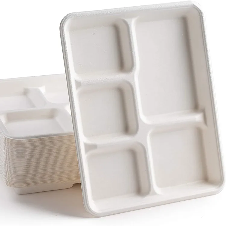 Wholesale Biodegradable plates Disposable 5 Compartment Sugarcane Bagasse meal tray