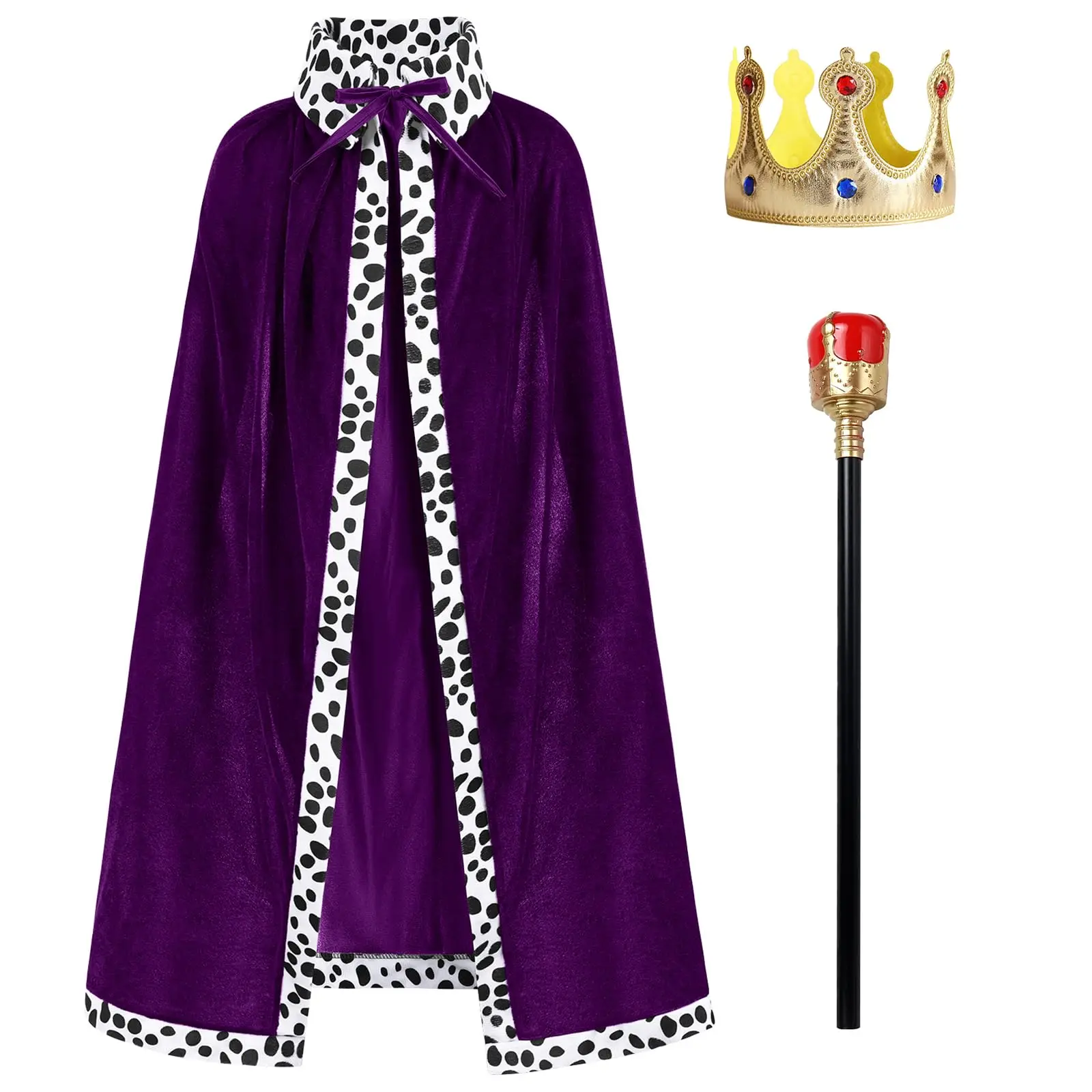 Adult Kids King Velvet Robe Crown Scepter Set Halloween Cosplay Themed Party Dress Up Cloak and Wand Set King Role Play Outfits